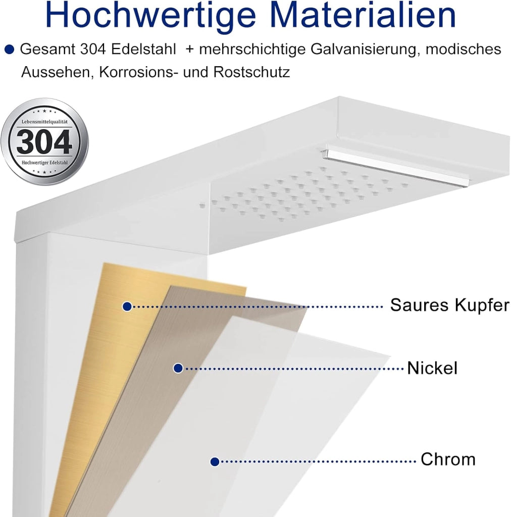 Colonna Doccia Pannello Doccia Multifunzione 4 in 1 in Acciaio Inox 304 con Doccia a Pioggia Doccetta Doccia Idromassaggio Doccia a Cascata, Bianco