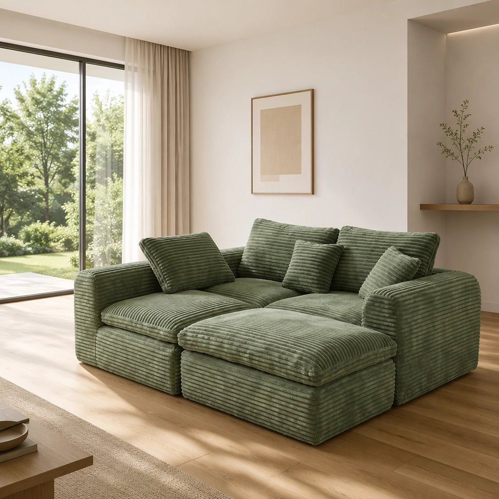 Divano modulare 3 moduli con funzione letto e seduta confortevole in tessuto a coste verde