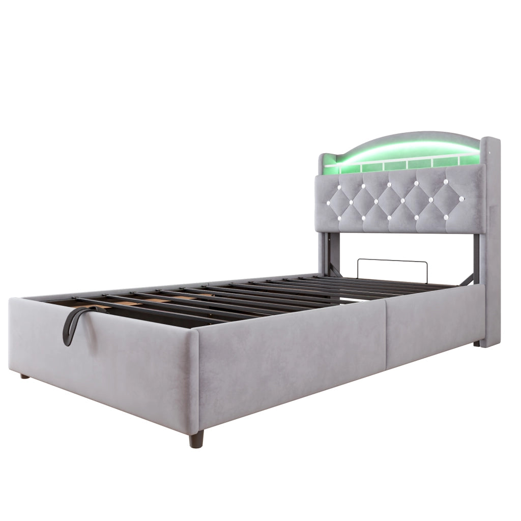 DESMIU Letto bambino 90 × 200 cm con contenitore, LED, USB e Type-C, senza materasso, in velluto, grigio