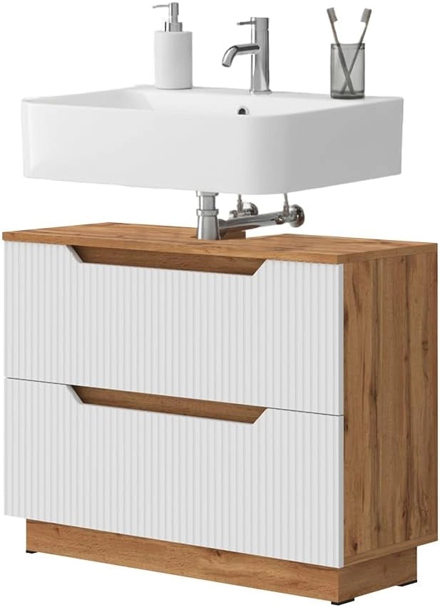Mobile sottolavabo per bagno Lotta, Rovere/bianco a strisce, 79.6 x 62.5 cm con 2 cassetti