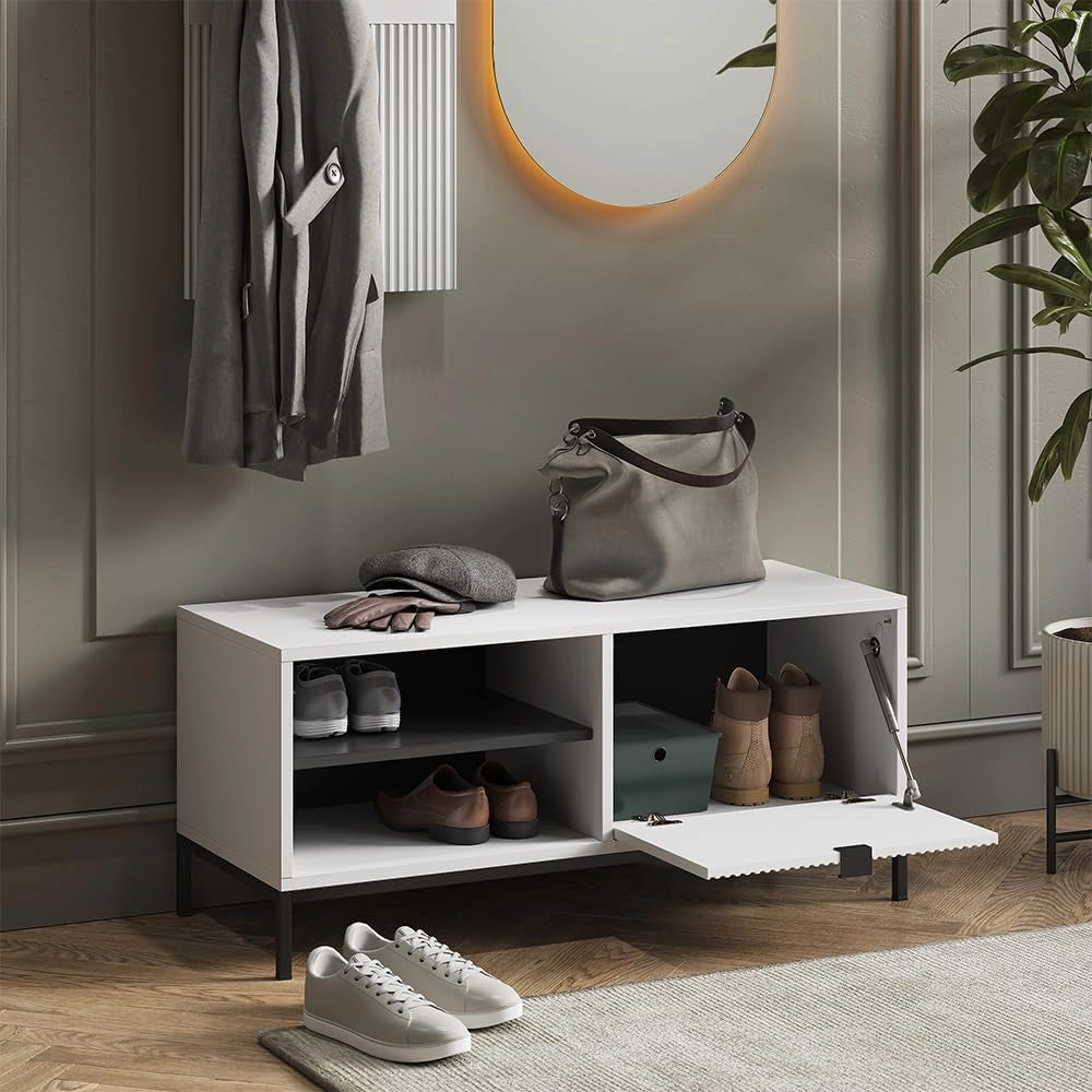 Panca scarpiera da ingresso Eliza, Bianco, 100 x 45 cm con porta a soffietto