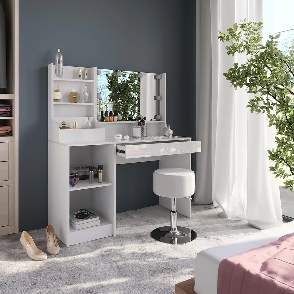 Tavolo da toeletta Sherry, Bianco/bianco lucido, 119.8 cm 7 parti