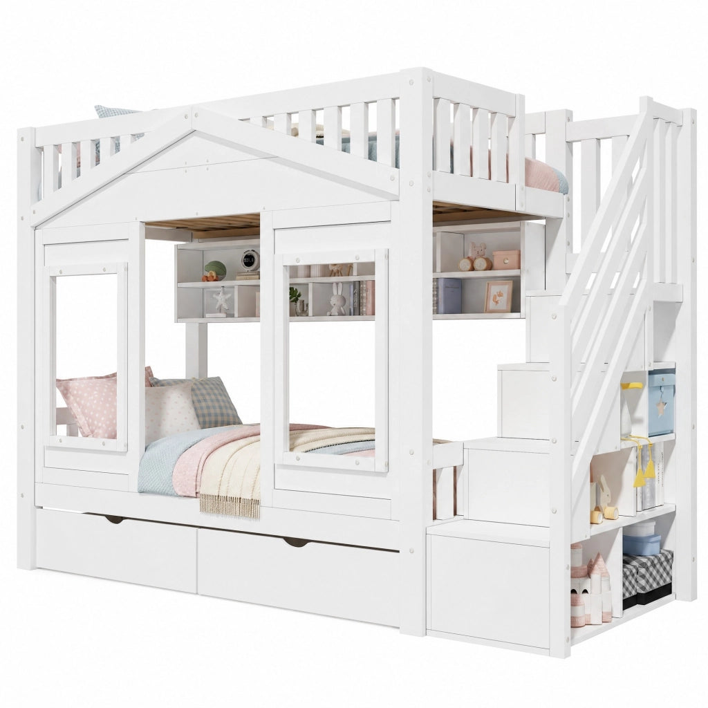 Letto a Casetta 90x200 cm; Letto Singolo - Scala contenitore; Cassetto; Ripiani - Bianco