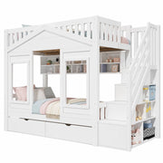 Letto a Casetta 90x200 cm; Letto Singolo - Scala contenitore; Cassetto; Ripiani - Bianco