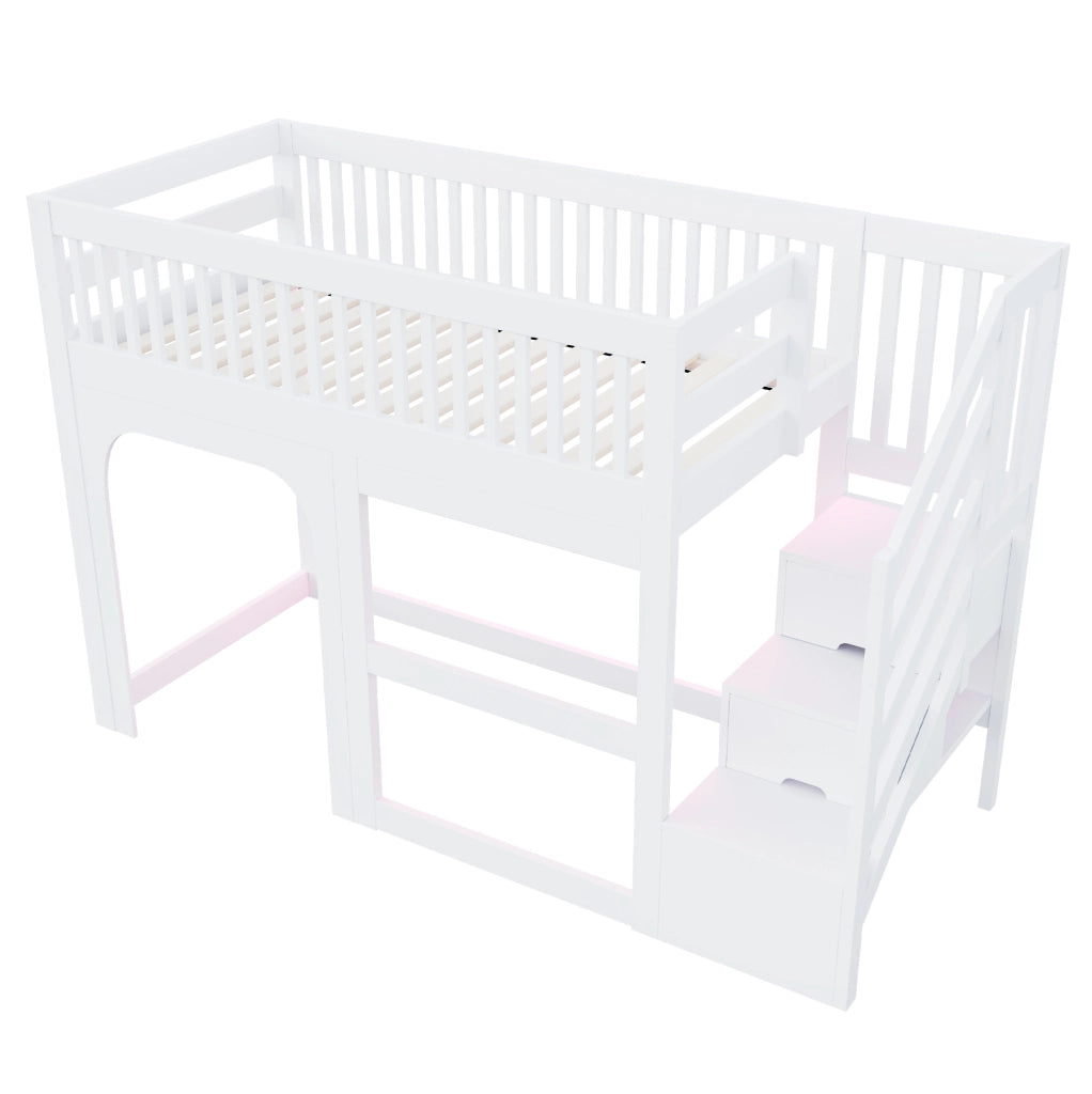 Letto a soppalco multifunzione per bambini 90 x 200 cm con scala contenitore e LED; bianco