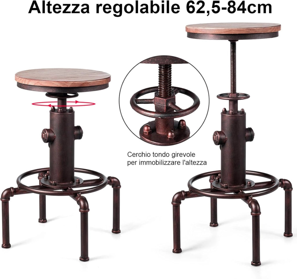 Sgabelli da Bar Industriale Girevole 360°, con Poggiapiedi, Sgabello Cucina Seduta Tonda Altezza Regolabile 60-75 cm, in Ferro e Pino (Marrone, 1)