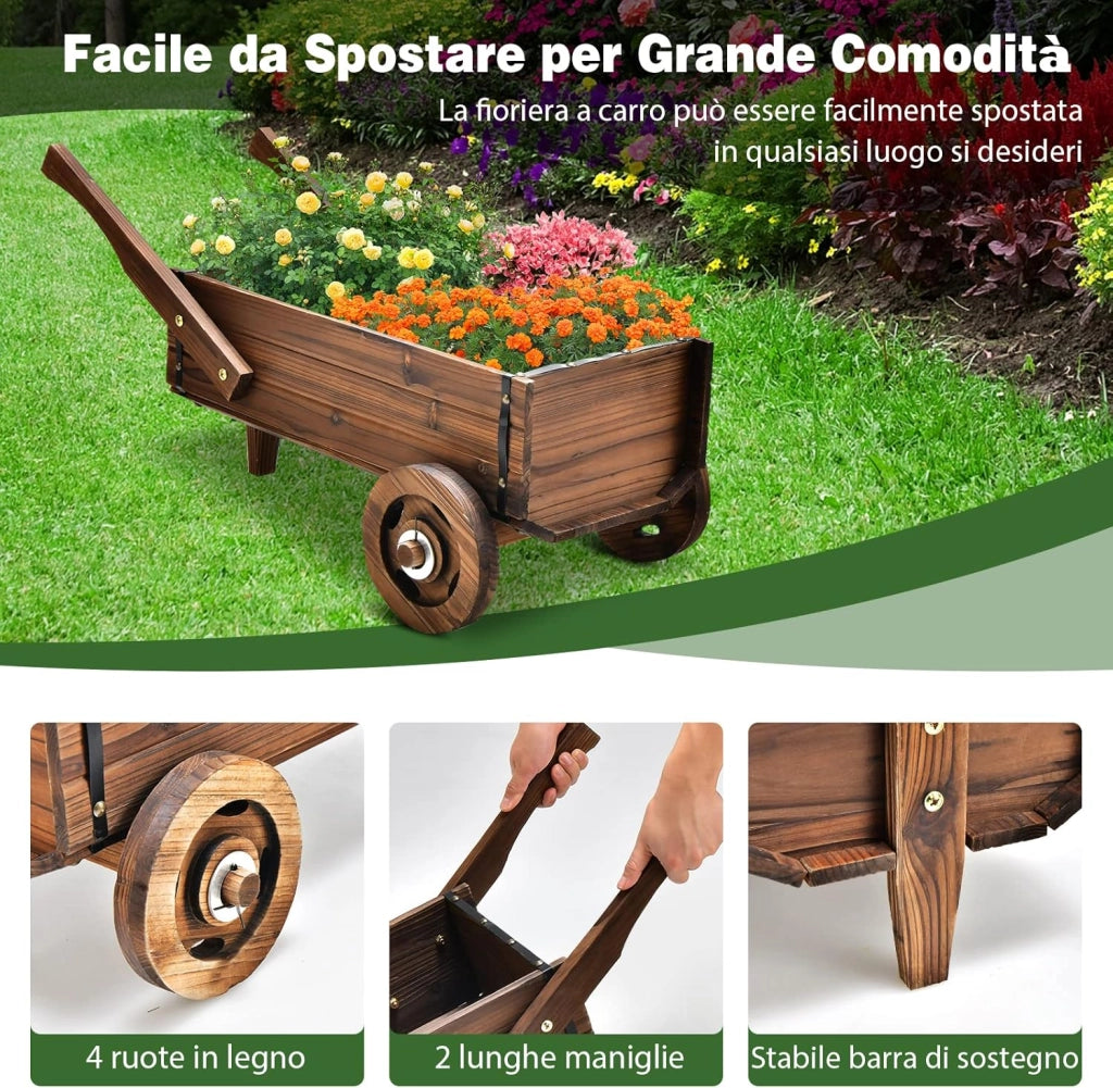 Fioriera da Esterno in Legno a Forma di Carrello, Carriola Portafiori con Ruote, Maniglie, Foro di Drenaggio, Carrello Decorativo da Interno ed Esterno, per Giardino, Patio e Balcone