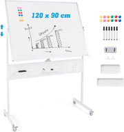 Lavagna bianca mobile double face, 120 x 90 cm, lavagna magnetica su gambe regolabile in 2 altezza, telaio in metallo, pannello perforato, 12 magneti, lavagna bianca rotella, bianco