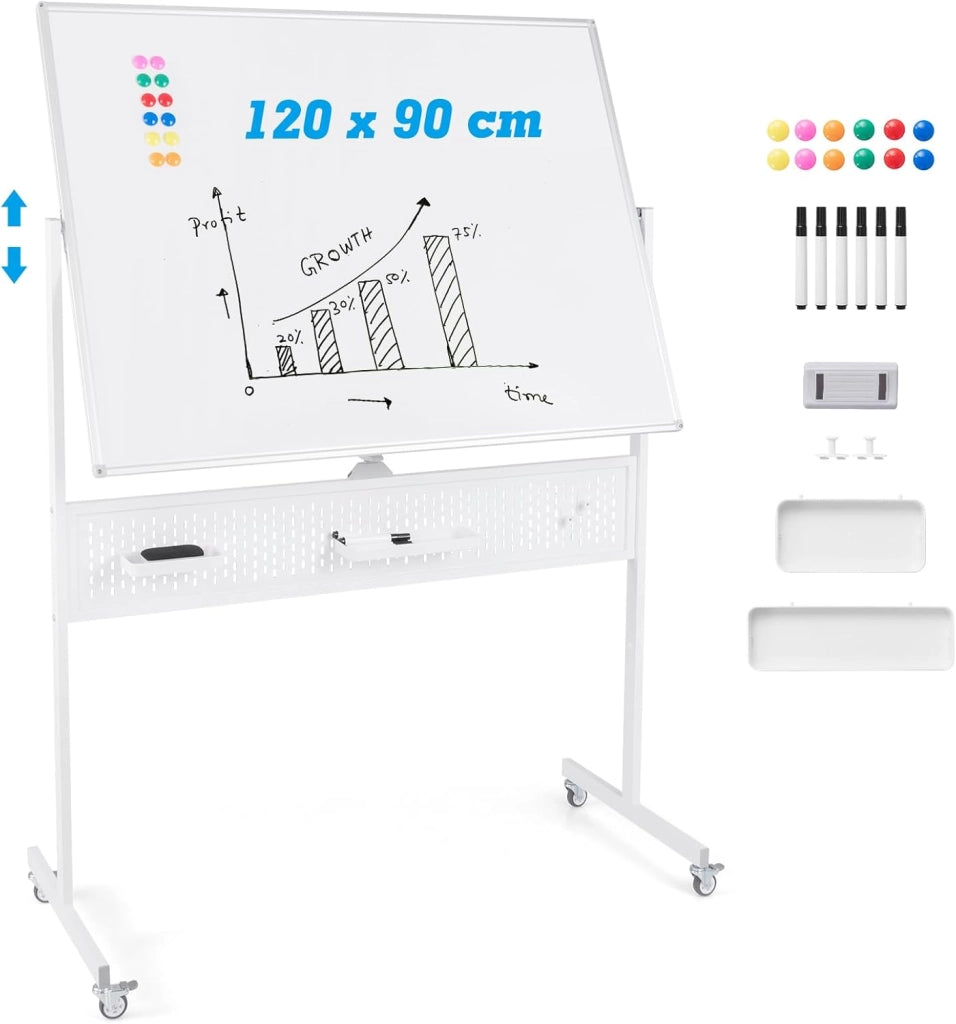Lavagna bianca mobile double face, 120 x 90 cm, lavagna magnetica su gambe regolabile in 2 altezza, telaio in metallo, pannello perforato, 12 magneti, lavagna bianca rotella, bianco