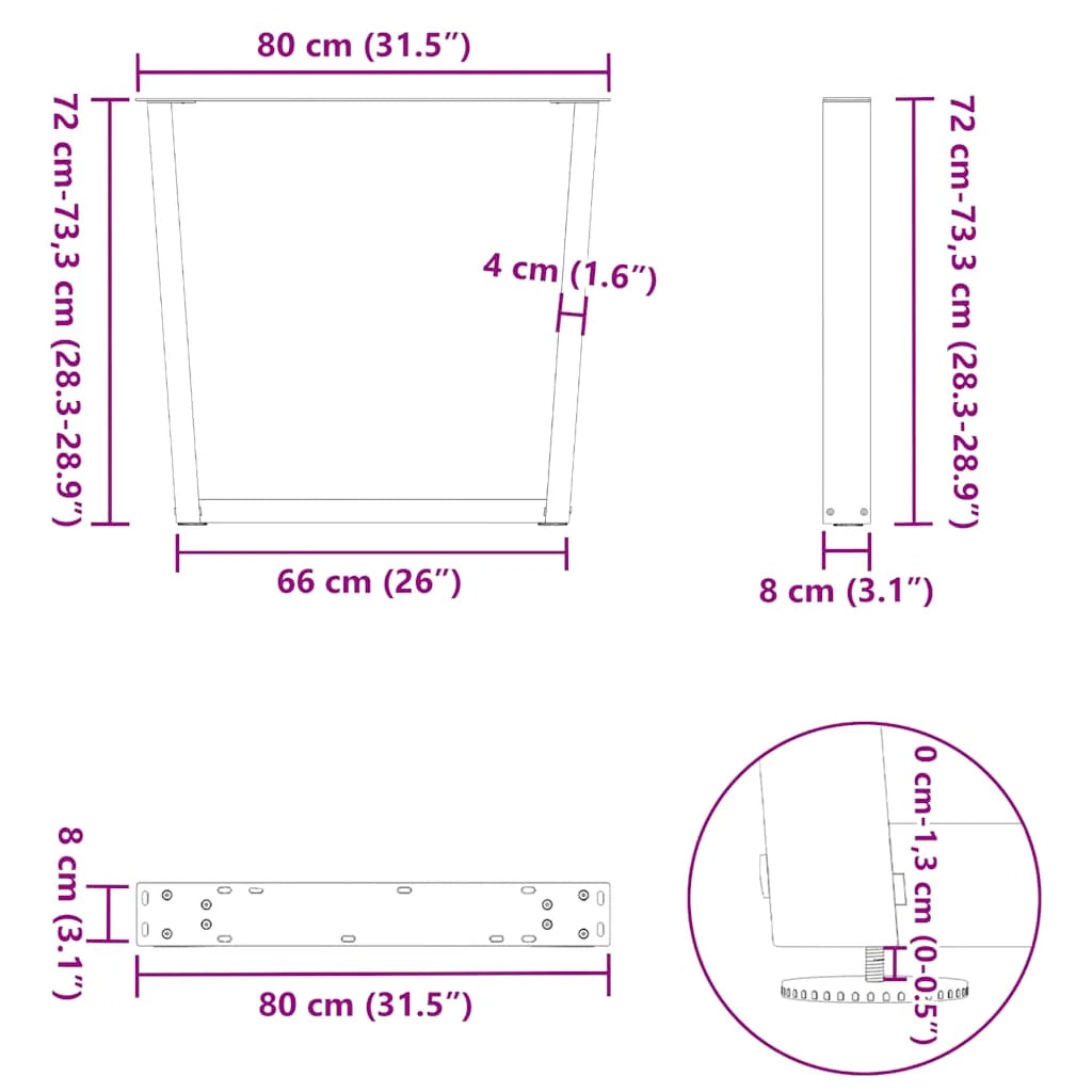 Set di 3 gambe per tavolo da pranzo a forma di V regolabili ed esteticamente gradevoli 80 x 72-73,3 cm in acciaio bianco 02_0056951