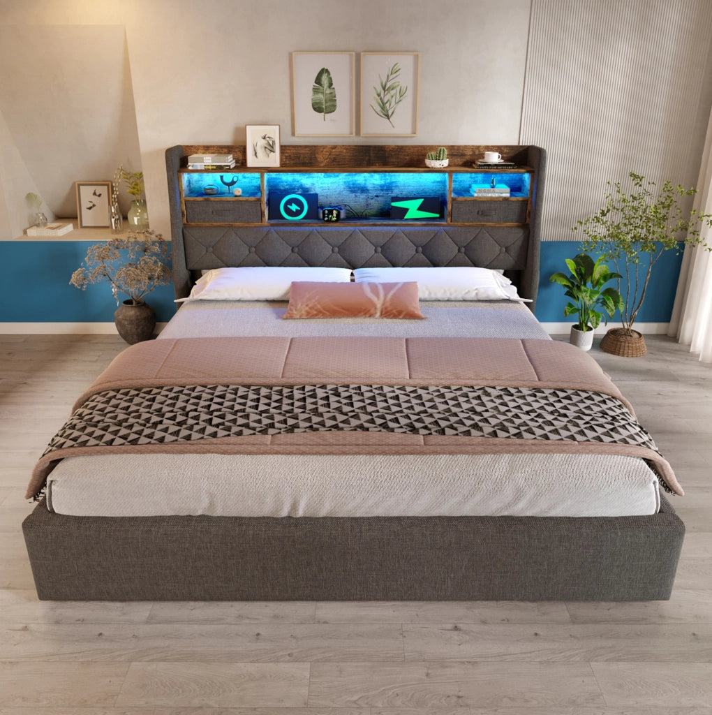 Letto imbottito 160x200 grigio con LED, ricarica e contenitore