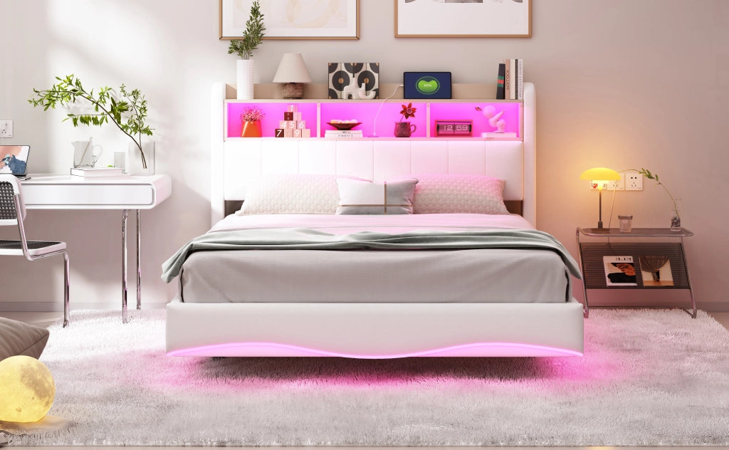 DESMIU Letto matrimoniale 140 × 200 cm 2 posti con LED, USB, Type-C e vano contenitore, senza materasso, beige