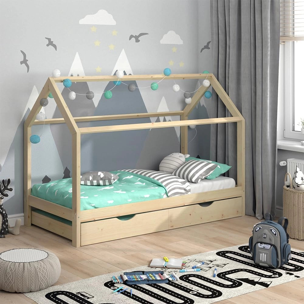 Letto da casa Wiki, Legno naturale, 90x200 cm con letto per ospiti, in legno massello con protezione anticaduta e rete a doghe