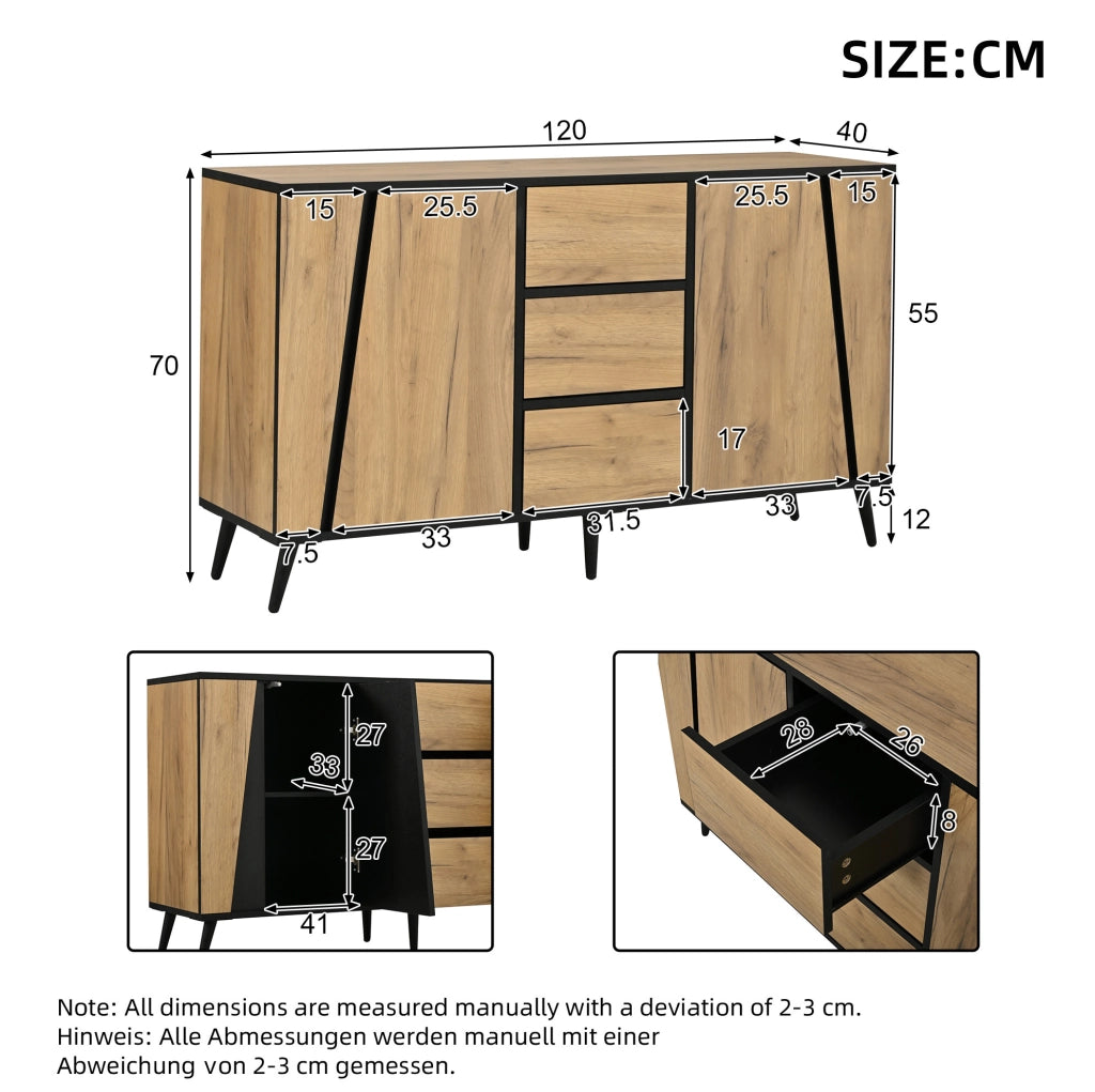 Sideboard 120x40x70 cm con 2 ante; 3 cassetti e ripiani regolabili; MDF e truciolare; naturale e nero