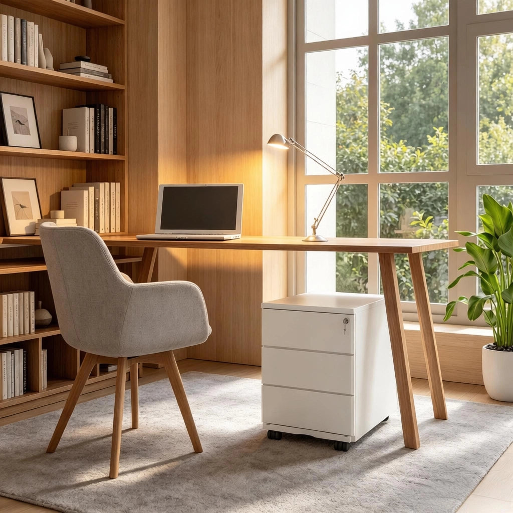 Cassettiera con ruote con 3 cassetti, serratura centrale e 4 rotelle, per ufficio e studio, bianco, 52,4 × 54 × 39 cm