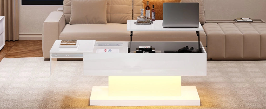 Tavolino da salotto sollevabile bianco lucido con luci led e contenitore 100x50 cm