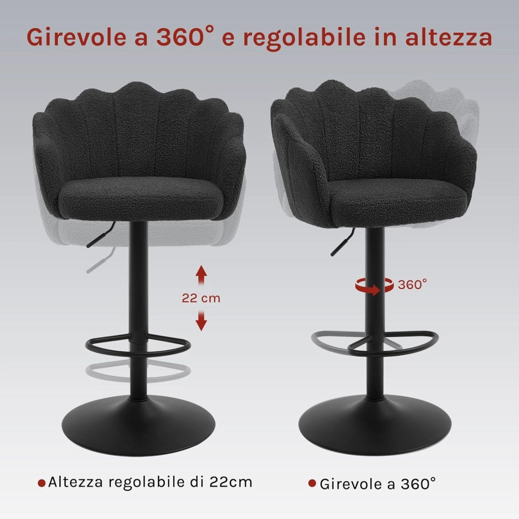 Sgabelli Cucina Set di 2, Regolabile e Girevole a 360°, Seduta in Tessuto Teddy, con Schienale e Poggiapiedi, per Cucina, Sala da Pranzo, Bar, Nero