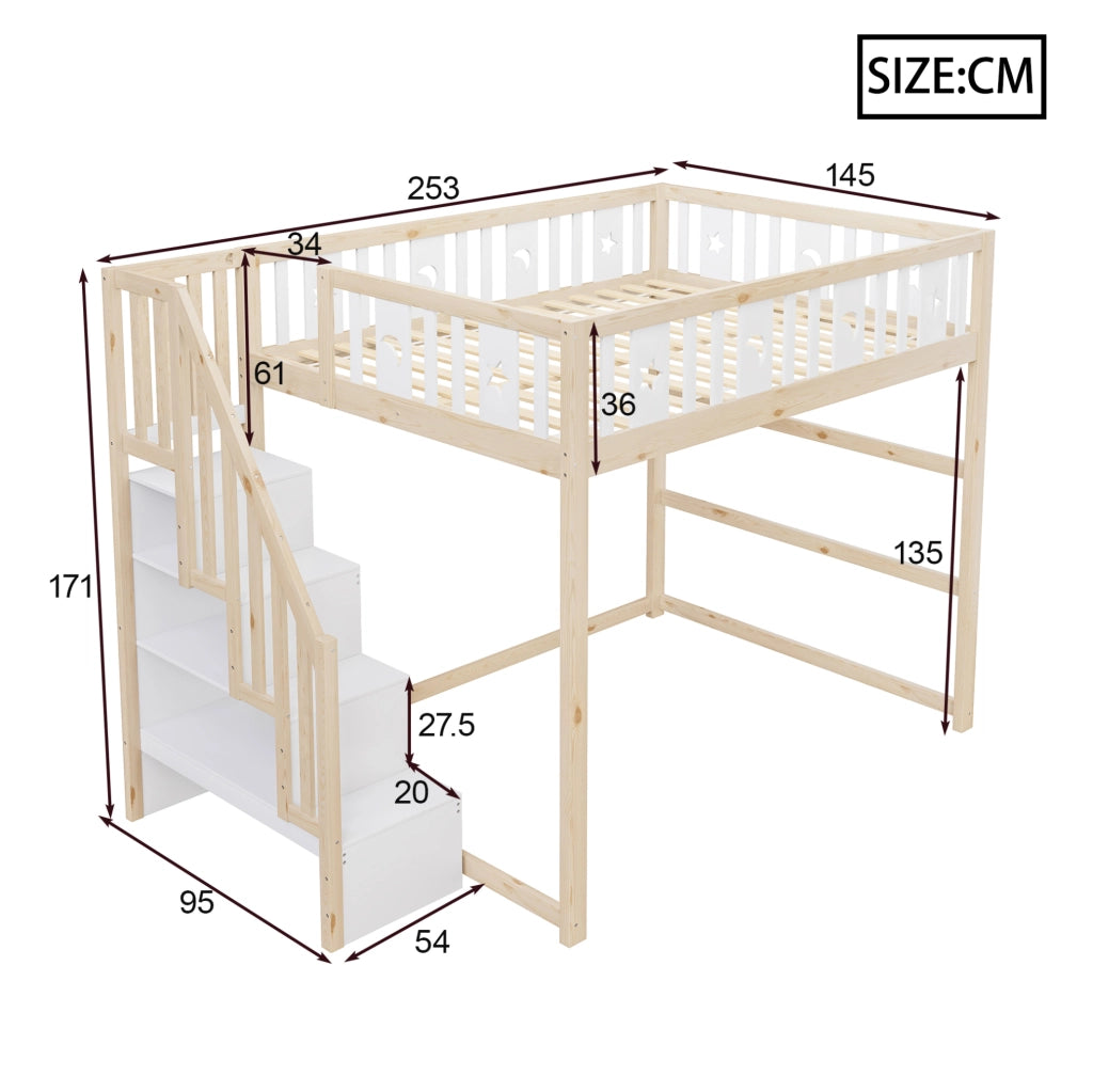 Letto a soppalco per bambini 140x200 cm con scala e ripiani