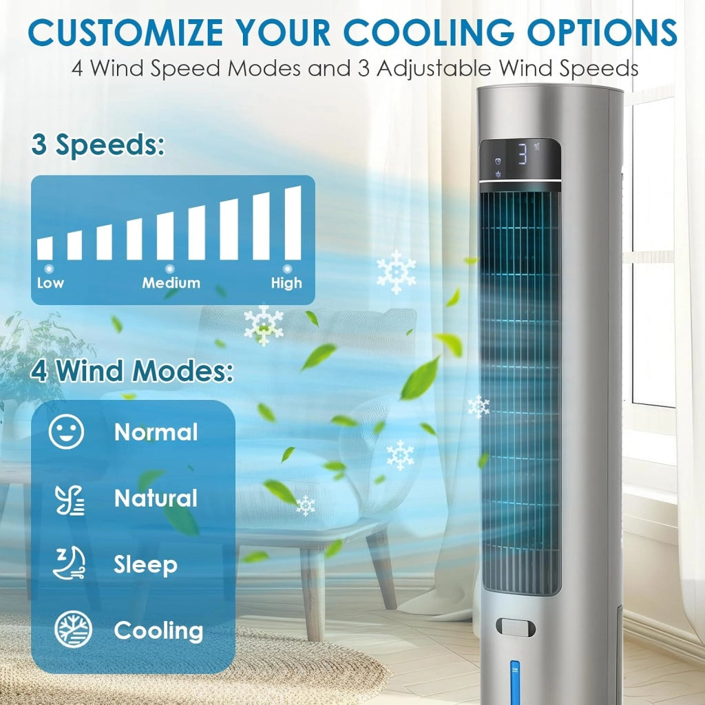Ventilatore a torre con diffusore di aromi, telecomando a 3 livelli, con raffreddamento ad acqua, oscillazione 50°, timer 12 ore e modalità sleep per ufficio/casa, ventilatore silenzioso da