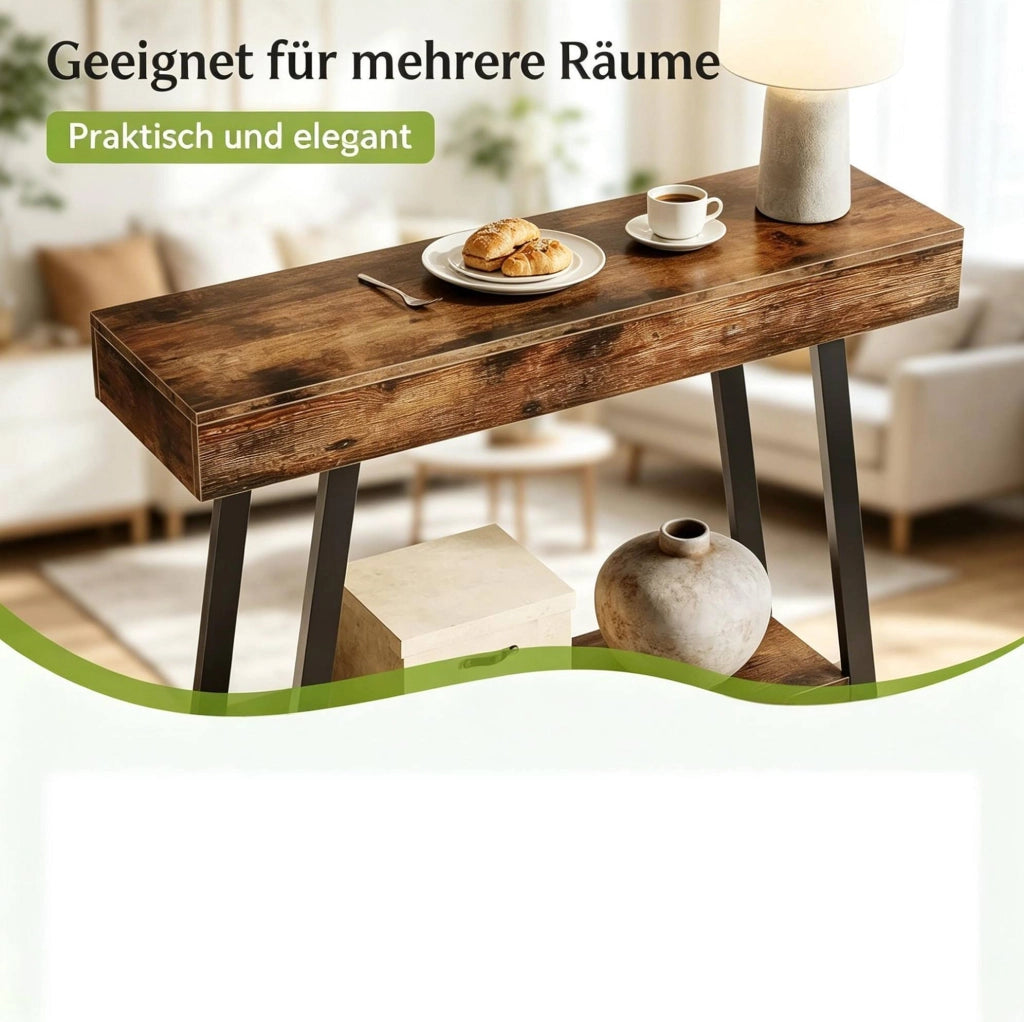 Tavolino 103x30x80 cm in MDF e metallo， marrone rustico e nero， stile industriale