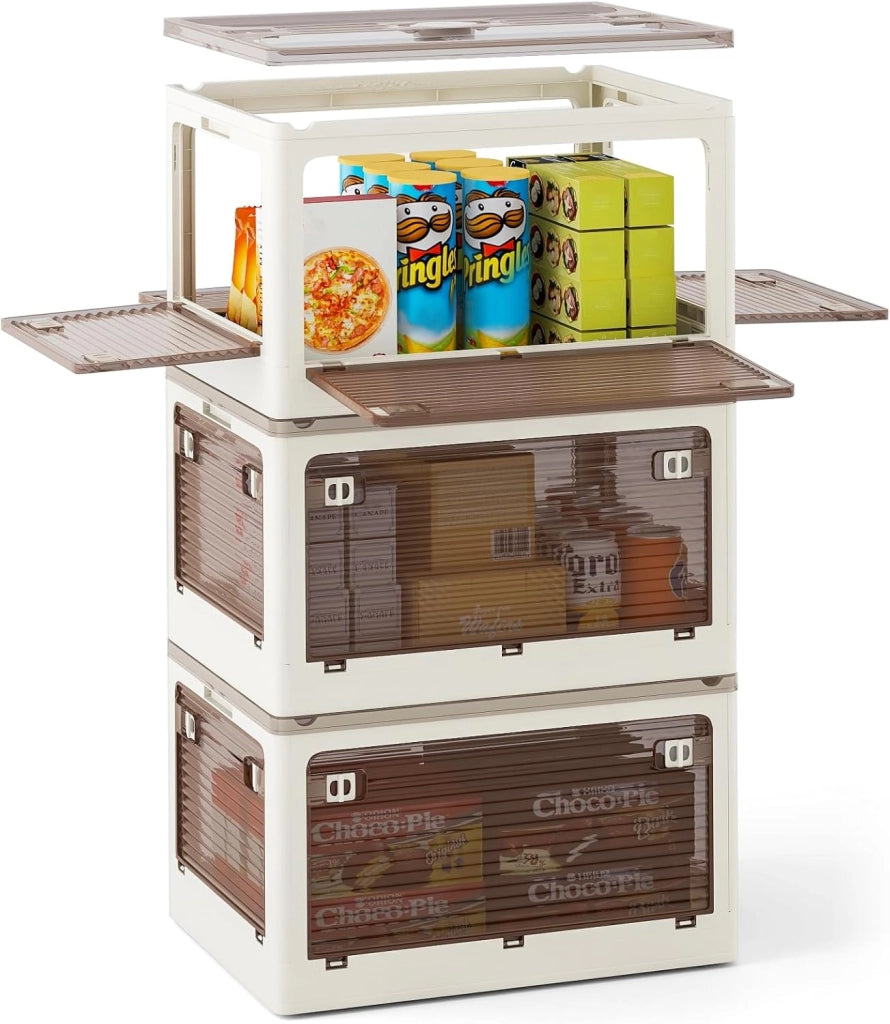 Set di 3 Contenitori Impilabili con Coperchi, Contenitori Pieghevoli in Plastica 132/90 L, Organizzatore con Ruote per Camera da Letto Soggiorno e Cucina (51,5x36,5x88cm)