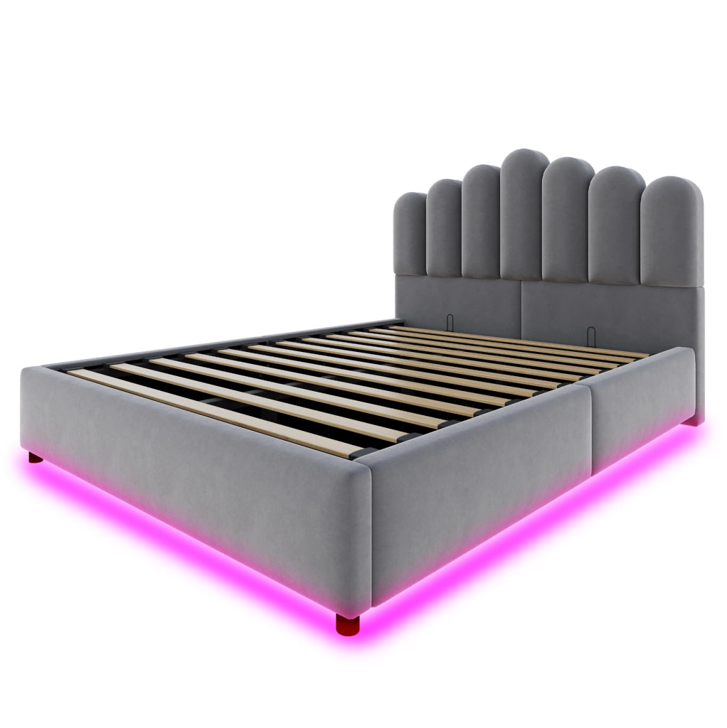 Letto imbottito 140x200 cm con contenitore; LED e testiera unica in velluto grigio