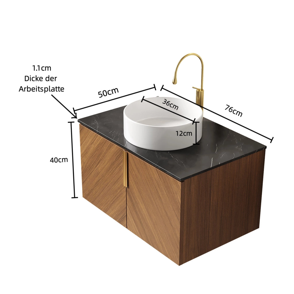 Mobile lavabo sospeso 76 cm in compensato marrone, lavabo bianco, vano portaoggetti –