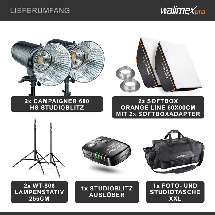 Set Double Campaigner 600 - 2 flash fotografici da studio, luce LED da 600 W per foto e video, con 2 softbox 2 stativi luci e accessori
