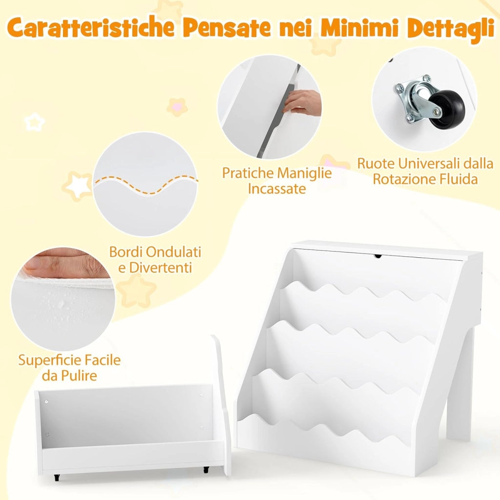 Libreria Montessoriana per Bambini 2in1, Scaffale per Libri a 4 Livelli con Carrello Portagiochi, Vano con Coperchio Ribaltabile, per Cameretta e Stanza dei Giochi, 63x49x61,5 cm (Bianco)