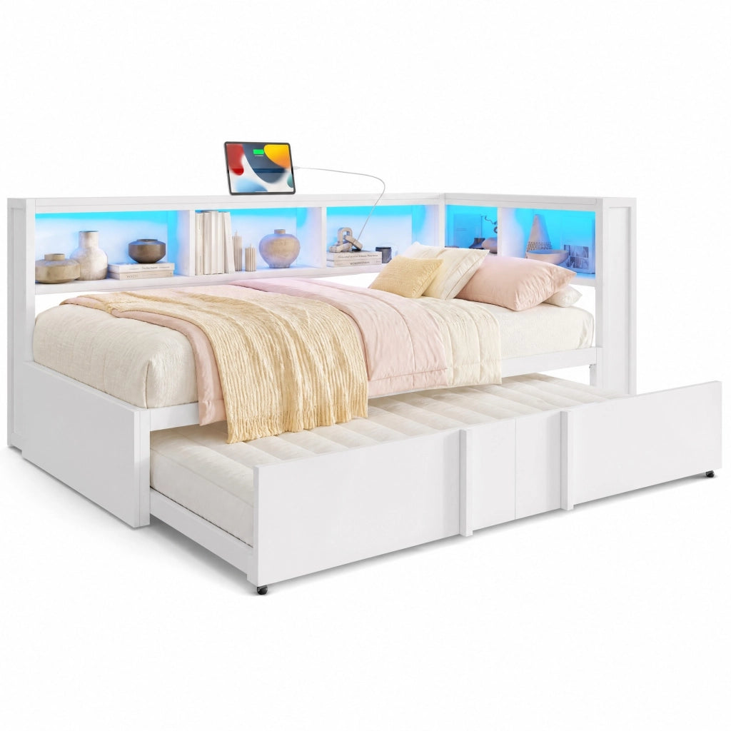 Letto da giorno in metallo e MDF 90x200 cm con letto estraibile; LED; USB e contenitori; bianco