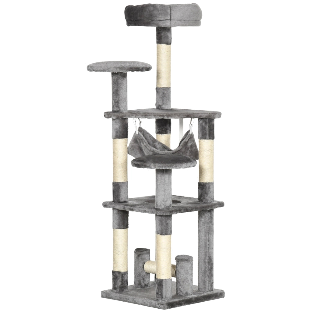 Albero Tiragraffi per Gatti 4 Livelli con Amaca e Piattaforme ¨C zephmum ¨C Grigio 132cm