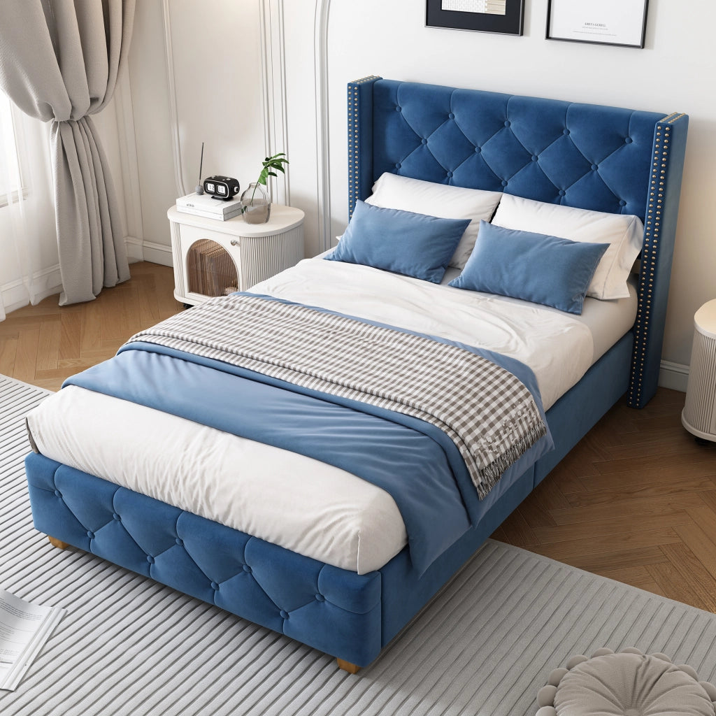 Letto Singolo 90 x 200 cm; 1 Posto con Testiera Imbottita e Piedi in Legno; senza Materasso; Velluto Blu