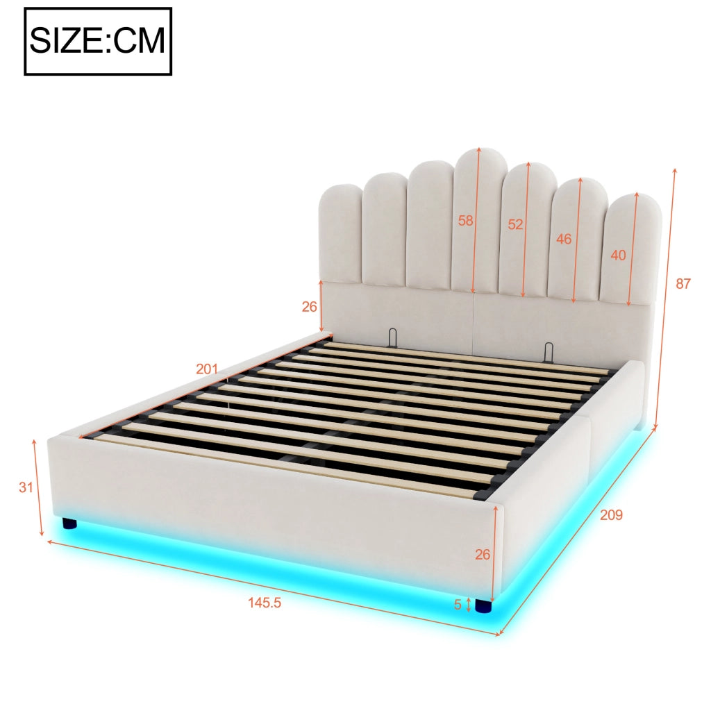 Letto imbottito 140x200 cm con contenitore idraulico; LED e testiera unica in velluto beige