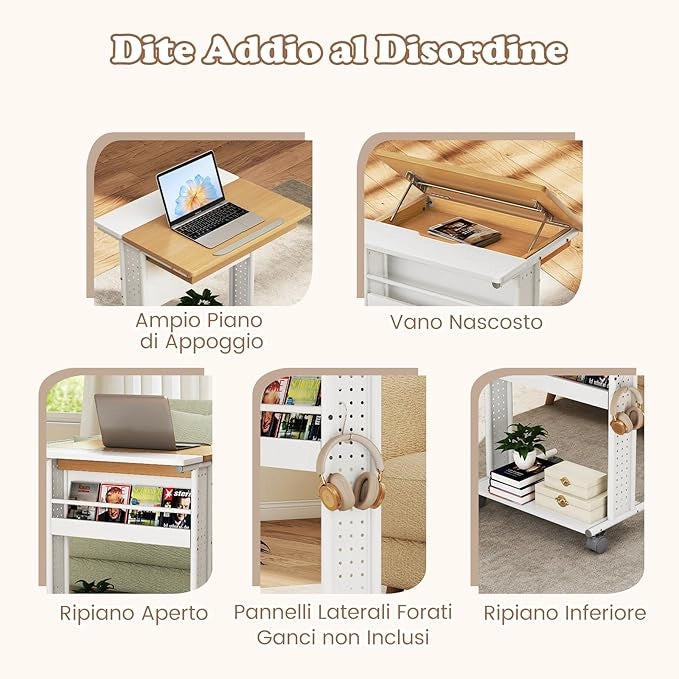 Tavolo per Laptop con Ruote, Piano Inclinabile, Scomparto Nascosto, Ripiani di Stoccaggio e Pannelli Forati, Tavolino per Computer a Forma di C per Spazi Ridotti