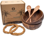 Set di 2 scodelle di cocco con cucchiaio e supporto in legno - per Bicchieri di Acai e Poke - Scodelle naturali di cocco - Tazze di cocco - Zero Waste