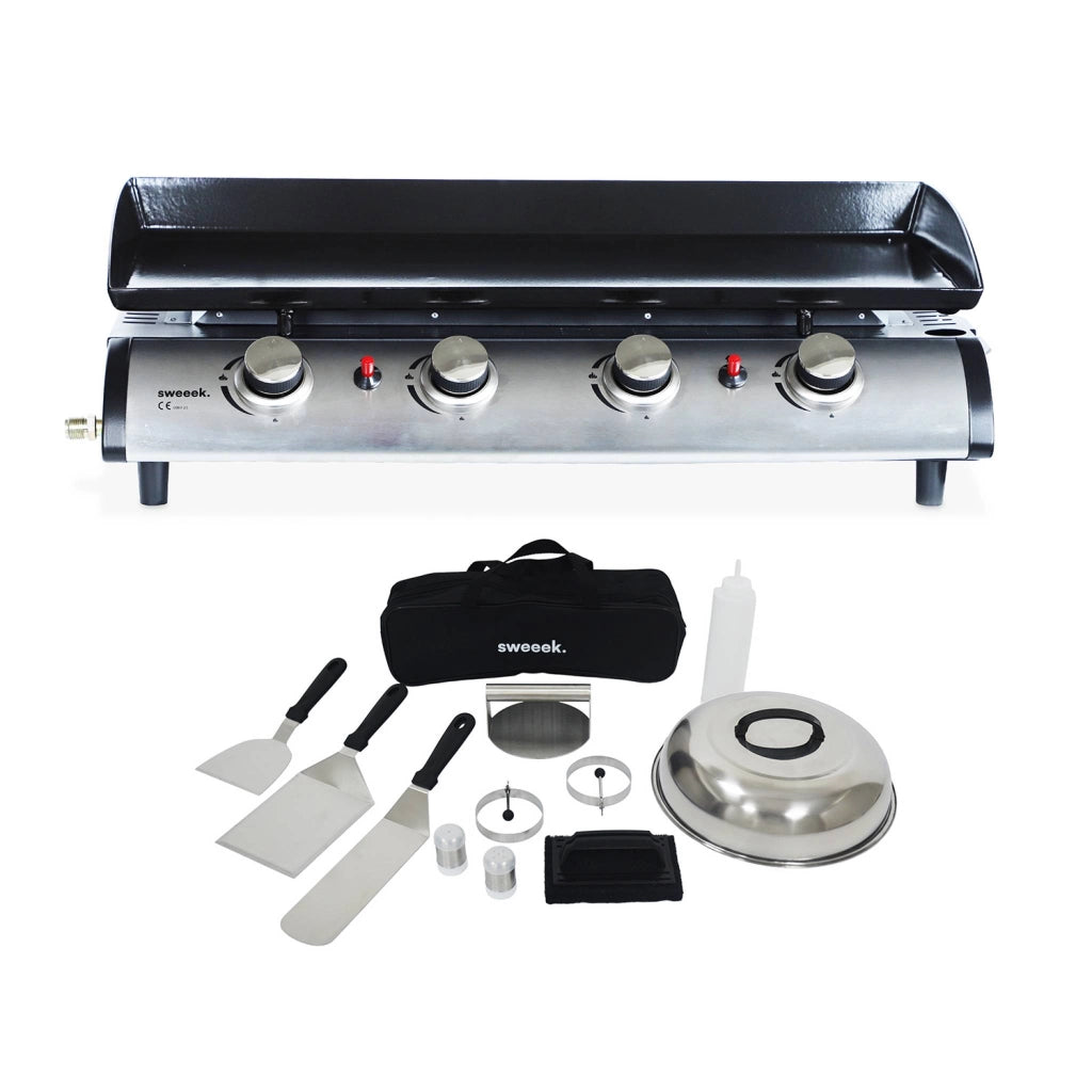 Piastra plancha a gas a 4 bruciatori con utensili, nero