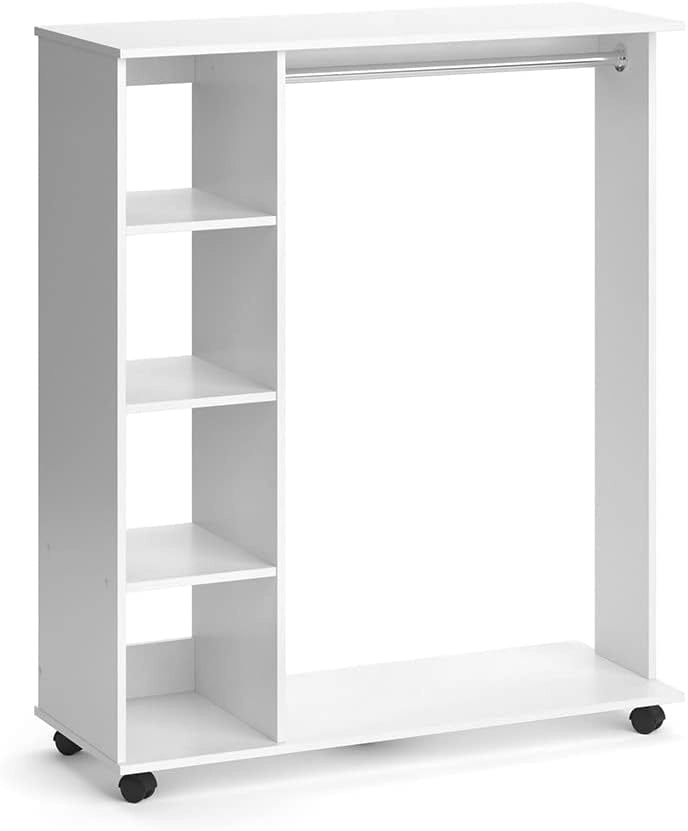 Armadio da ingresso Cosmo, Bianco, 110 x 129.4 cm, con ripiani aperti e ruote per un utilizzo flessibile
