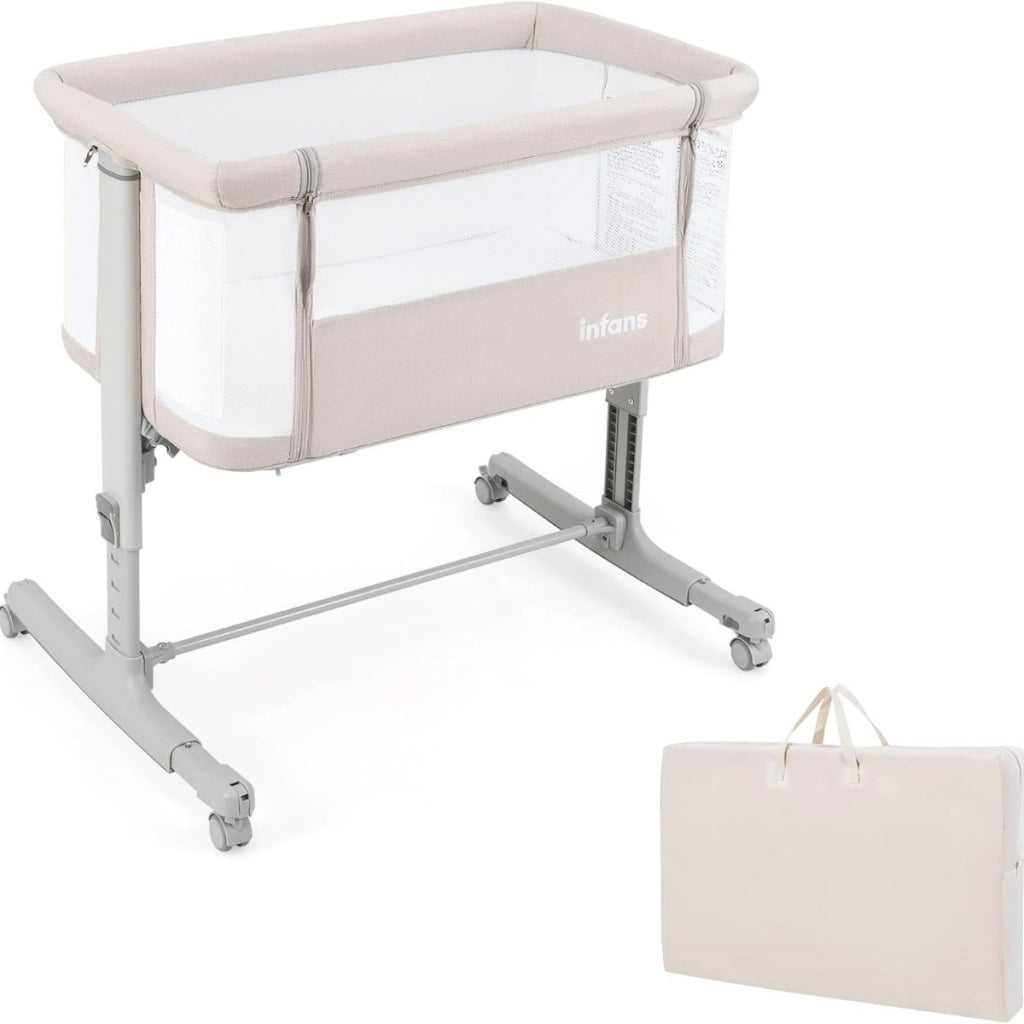 Culla per bambini 3 in 1 con 5 livelli di altezza regolabili borsa da viaggio, Traversina per bambini Beige