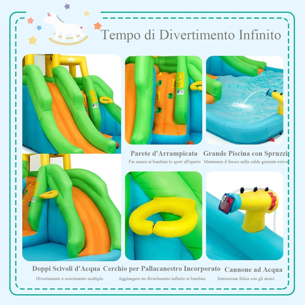 Castello Gonfiabile 5 in 1 con Soffiatore da 480W, Parco Acquatico con 2 Scivoli, Piscina, Parete di Arrampicata, Cannone, Cerchio e Palla da Basket, Borsa di Trasporto e Kit di Riparazione