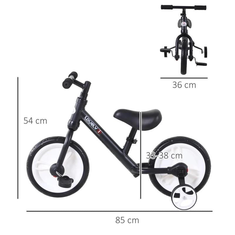 BICI SENZA PEDALI PER BAMBINI DA 2-5 ANNI CON SELLINO REGOLABILE, RUOTE AUSILIARIE E PEDALI, NERO