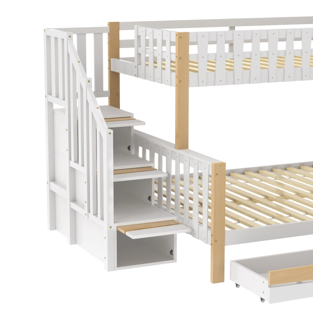 OKWISH Letto a Castello 90×200 cm e 140×200 cm, Letto 3 Posti con Scala Contenitore, 4 Cassetti e Sponde, senza Materasso, Bianco Naturale