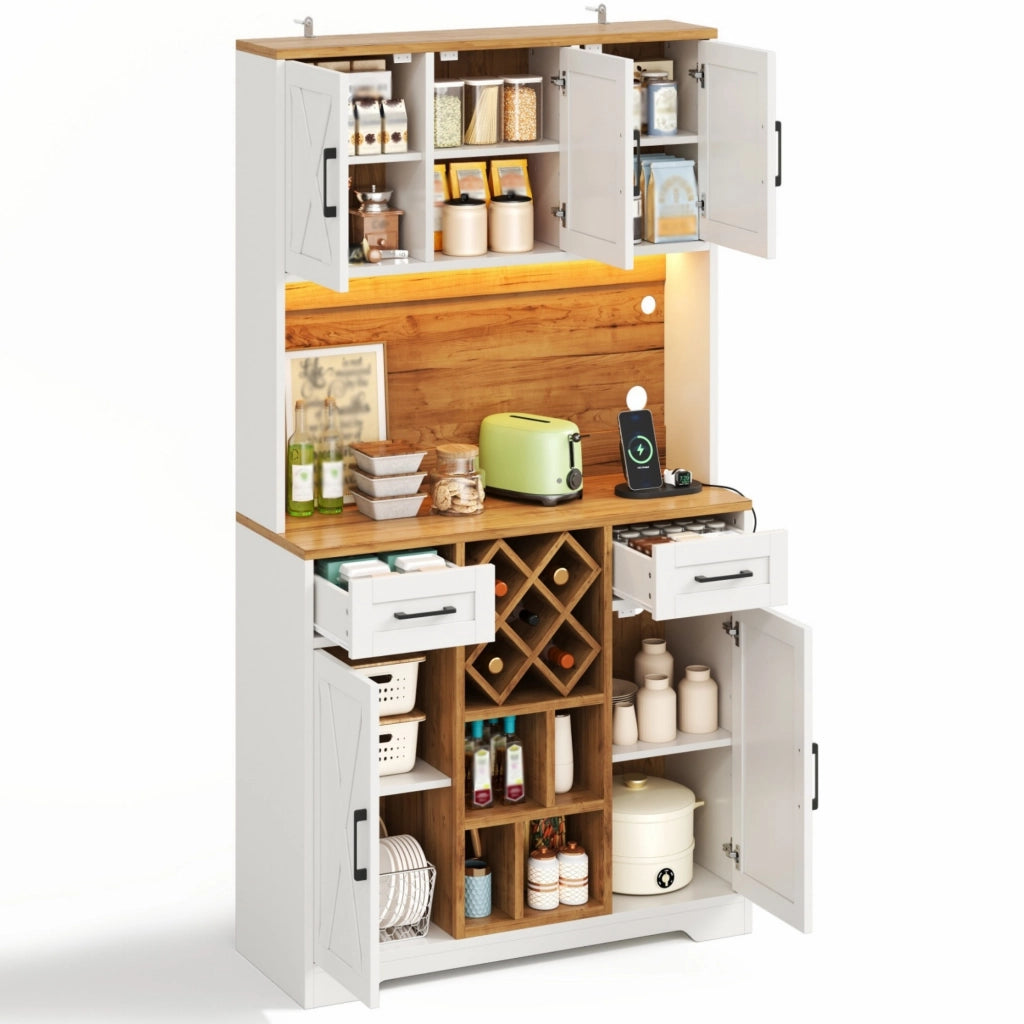 Credenza alta con 2 cassetti e LED - per cucina - 105×40×180 cm - naturale e bianco