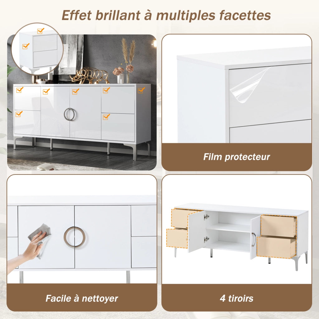 Credenza con 4 cassetti e 2 ante - per soggiorno - in MDF - 150x38x59.5 cm - bianco