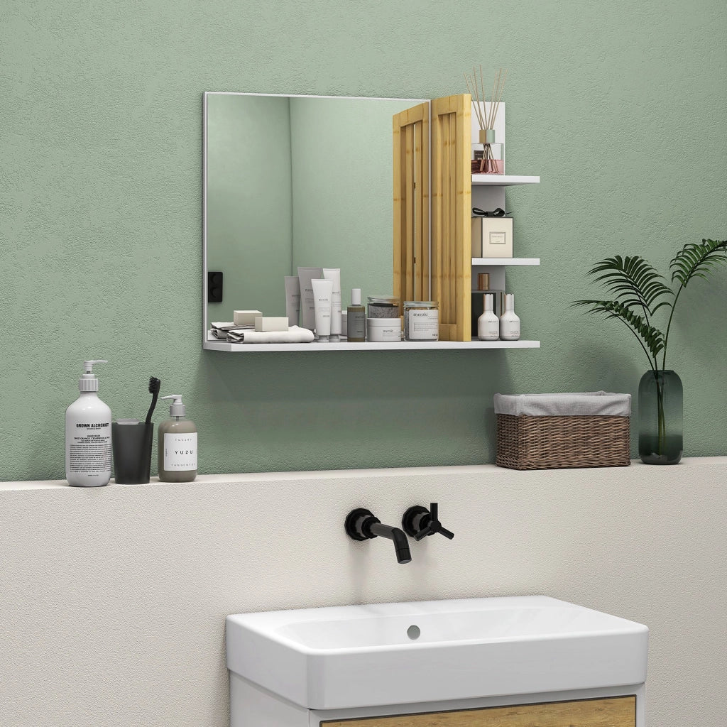 Specchio da Bagno con Ripiani Laterali e Inferiore in Bamb¨´ ¨C Zephmum ¨C Bianco 45x15x58.5 cm