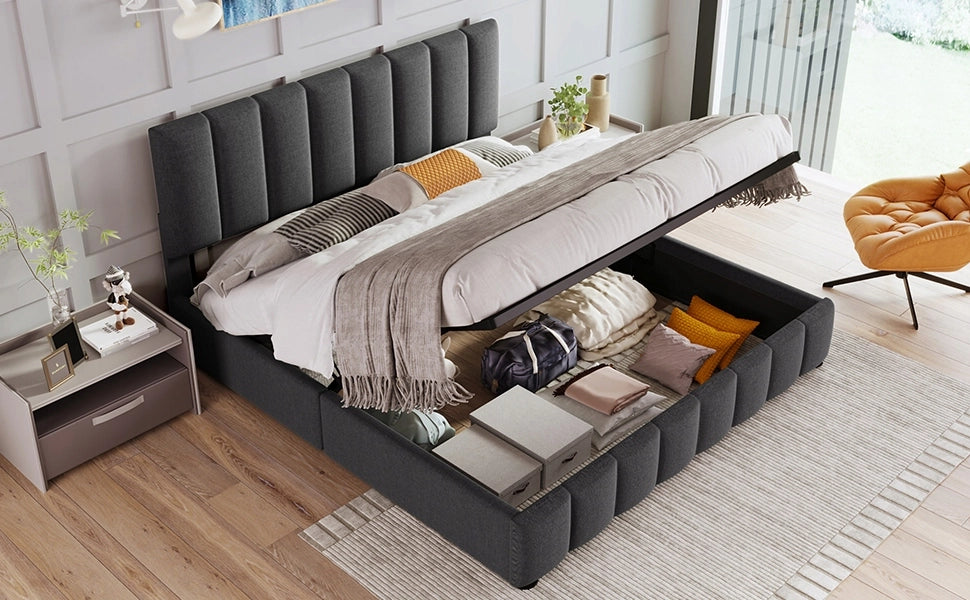 Letto imbottito 140x200 - Xylo - Idraulico, grigio, con materasso