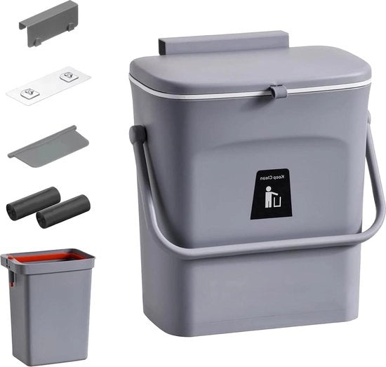 Vas da spazzatura appeso per cucina - contenitore da 9 litri per camper, bagno, casa - grigio