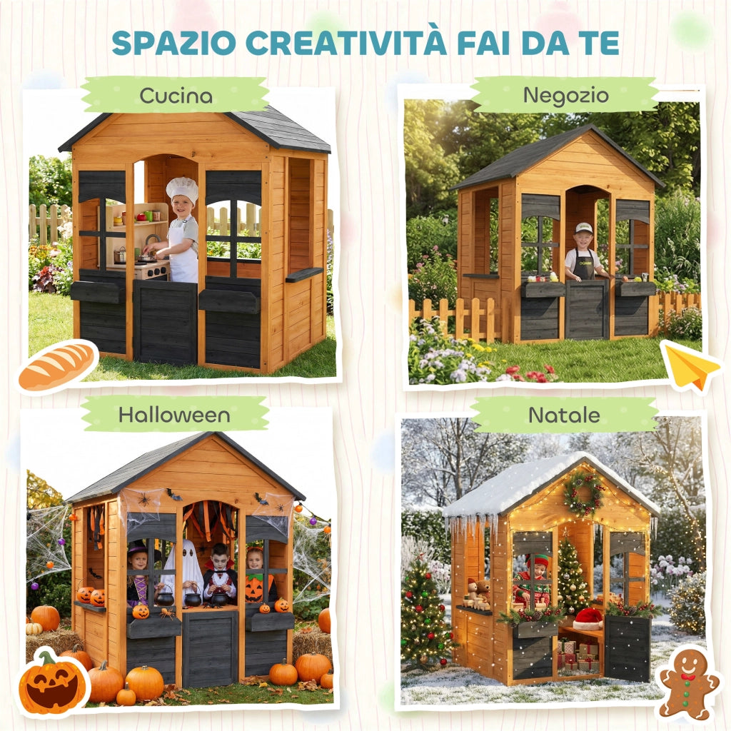 Casetta in Legno Bambini con Vasi Fiori, per Gioco Esterno/Interno, Et¨¤ 3¨C8, Marrone