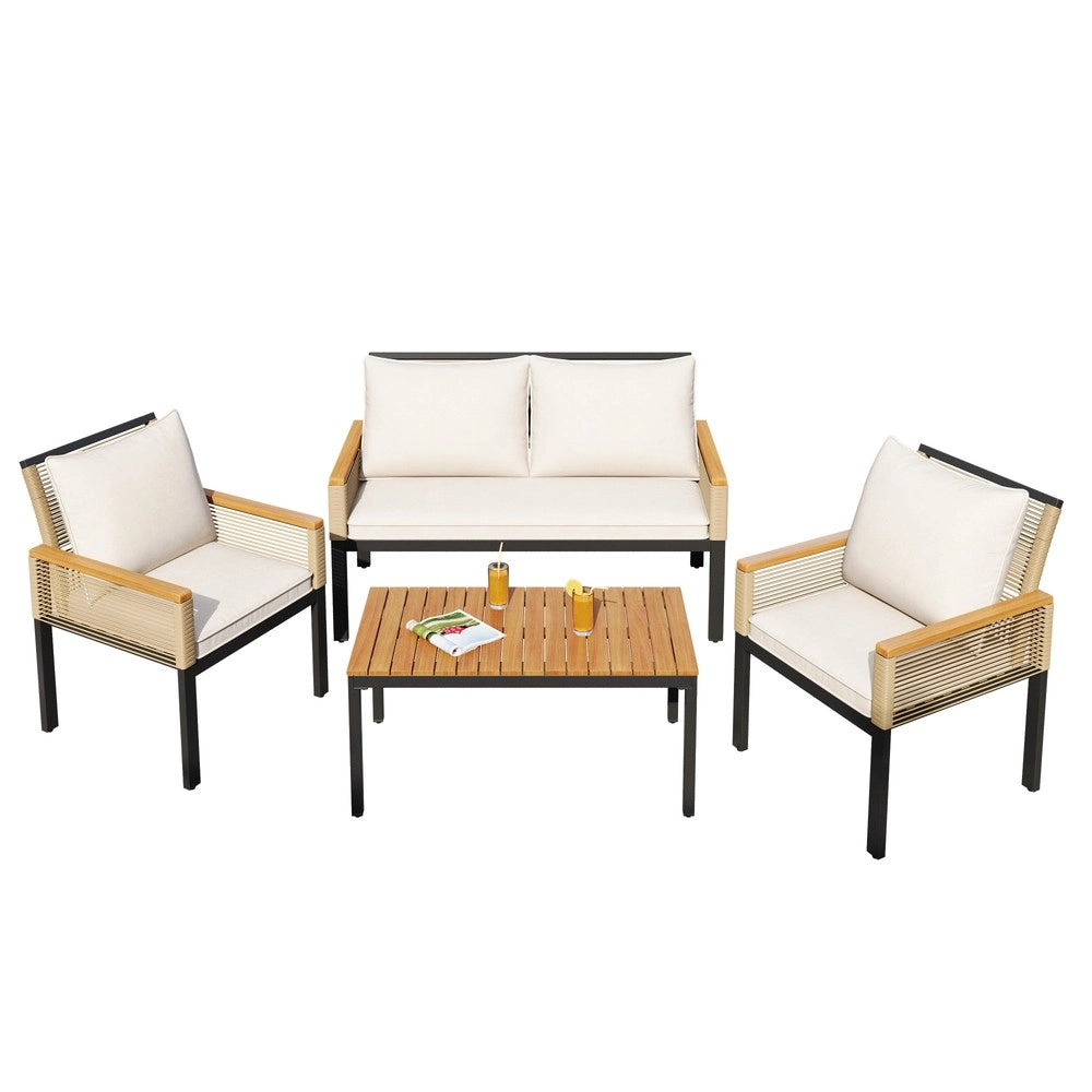 Set da giardino in rattan - Zephmum- 2 sedie, divano, tavolo, cuscini comodi