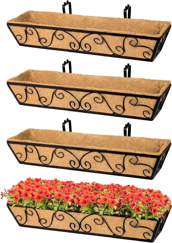 Cesti fiori appesi da 76 cm in metallo con insieme di corteccia di cocco per giardino per ringhiera box finestra balcone e recinzioni esterne - Set da 4 pezzi