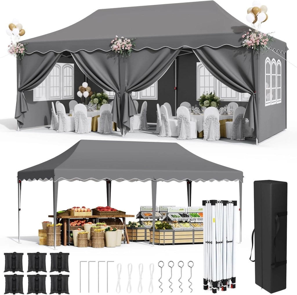 Gazebo 3x6 Pieghevole Impermeabile, altezza 290–300–310 cm, Protezione UV 50+, Tenda con 4 Pareti Laterali, 12 Ganci, 6 Corde e 6 Sacchi di Sabbia, Gazebo da Giardino per Campeggio, Matrimoni, Grigio
